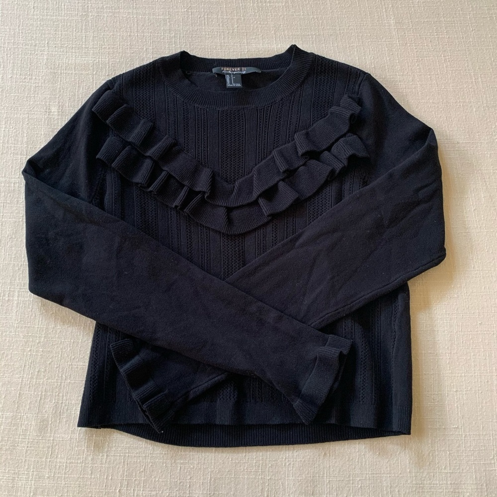 Forever21 Black Crew Ruffled Sweater